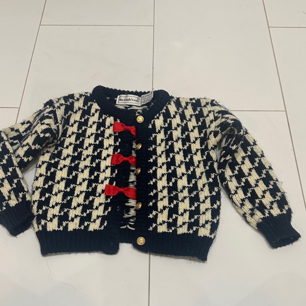 The eagles eye vintage Kids Houndstooth Cardigan with Red bow Accents  4/5 Girls